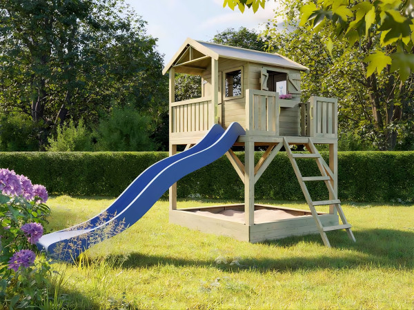 Cabane de jardin sur pilotis Funny XXL avec bac à sable KDI incl. toboggan bleu