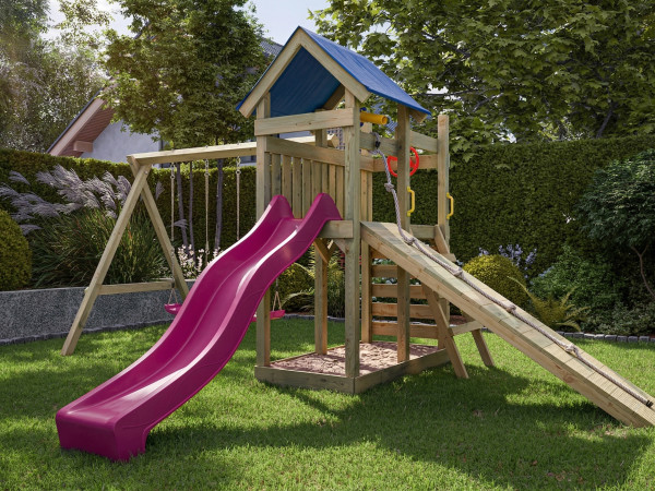 Aire de jeu Hefty en bois autoclave avec portique, 2 balançoires, toboggan rose + sièges roses