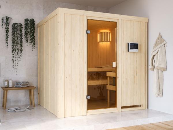 Karibu Sauna à éléments 68mm Celine 2 SPARSET avec poêle bio combiné 9 kW et commande externe.