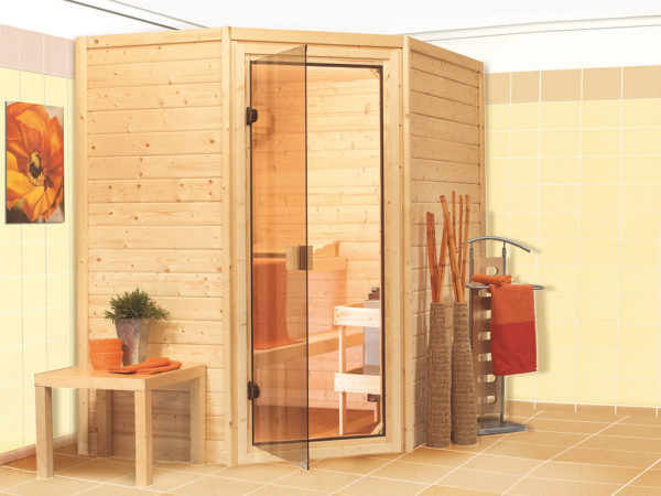 Sauna en bois massif 38 mm Katie SPARSET avec poêle bio combiné 4,5 kW et commande externe.