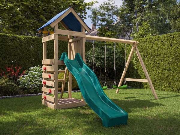 Aire de jeu Easy en bois autoclave avec portique, 2 balançoires, toboggan turquoise + sièges verts