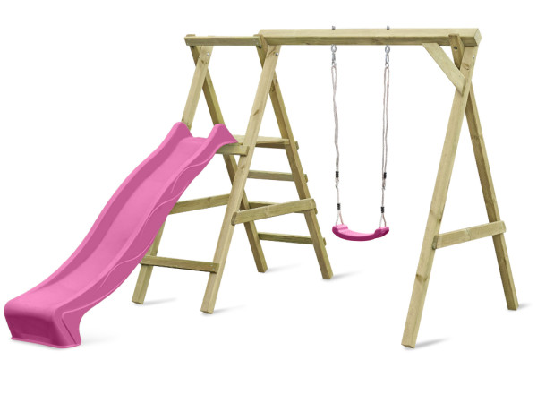 Portique simple avec plateforme Cosy Single avec toboggan + balançoire rose