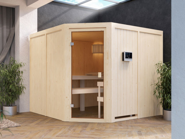 Karibu Sauna à éléments 68mm Celine 7 SPARSET avec poêle bio combiné 9 kW et commande externe.