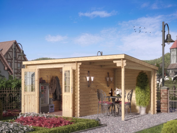 Abri de jardin en bois CA2976 28 mm naturel avec auvent de 2 m