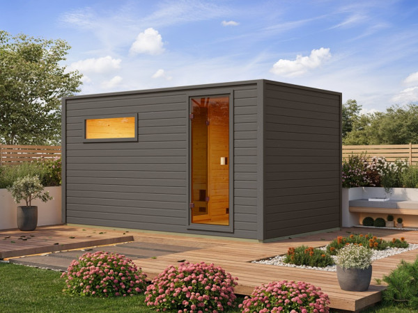 Sauna de jardin Lenchen 6 gris terre SPARSET avec poêle 9 kW et commande externe