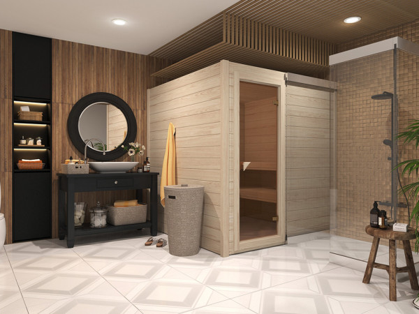 Sauna bois massif SET ÉCONOMIQUE Laurel, poêle bio de 9 kW avec commande externe inclus 