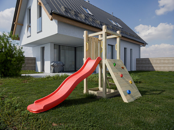 Aire de jeu Junior Two en bois autoclave avec toboggan rouge