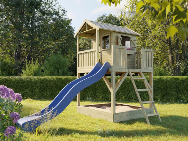 Cabane de jardin sur pilotis Funny XXL avec bac à sable KDI incl. toboggan bleu