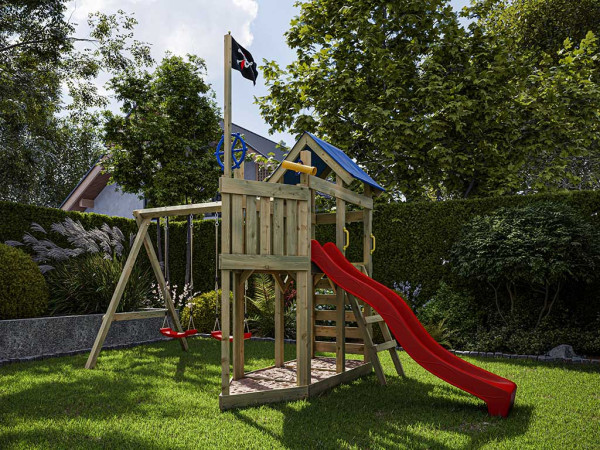 Aire de jeux Pirate Captain Snappy en bois autoclave avec portique double, toboggan rouge et sièges
