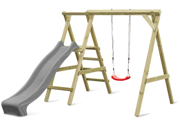 Portique simple avec plateforme Cosy Single avec toboggan gris + balançoire rouge