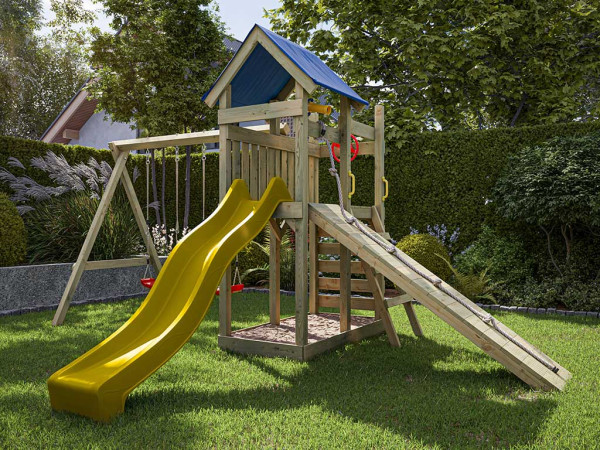 Aire de jeu Hefty en bois autoclave avec portique, 2 balançoires, toboggan jaune + sièges rouges