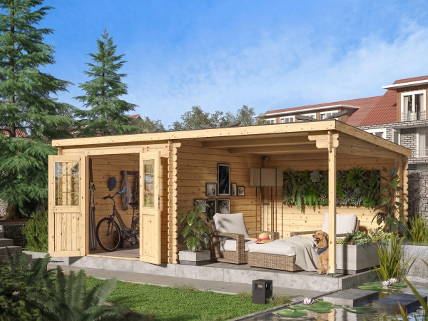 Abri de jardin en bois CA2977 28 mm naturel avec auvent de 3 m