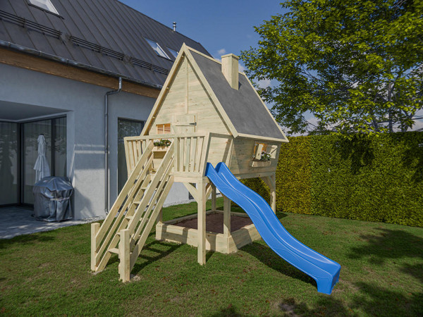 Cabane sur pilotis en bois autoclave Clubhouse avec toboggan bleu