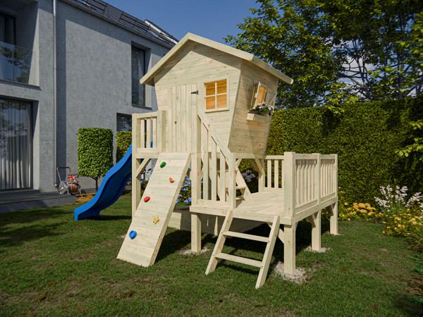 Cabane sur pilotis en bois autoclave Big Birdy XXL avec toboggan bleu