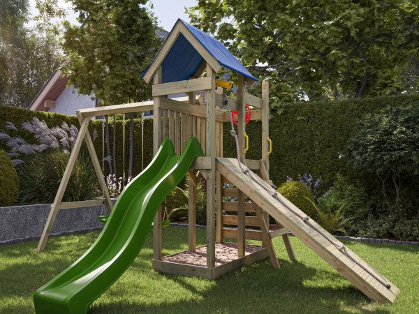 Aire de jeu Hefty en bois autoclave avec portique, 2 balançoires, toboggan vert + sièges verts