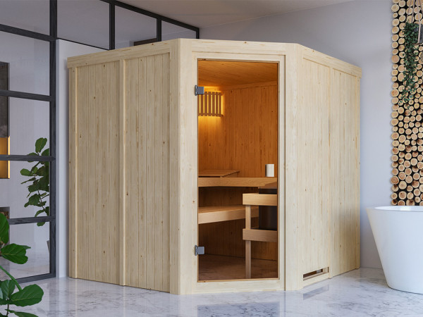 Karibu Sauna à éléments 68 mm Celine 3 SPARSET avec poêle de sauna 9 kW M90 et commande intégrée.