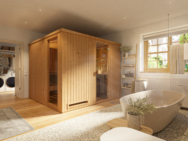 Sauna modulaire Lea 3, épaisseur de paroi 68 mm, avec porte moderne, brut / non traité, avec poêle d