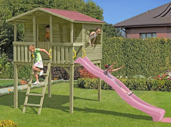 Cabane sur pilotis en bois autoclave avec toboggan rose pastel “Leon”