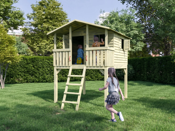 L'image montre une maison sur pilotis avec toboggan - disponible en option.