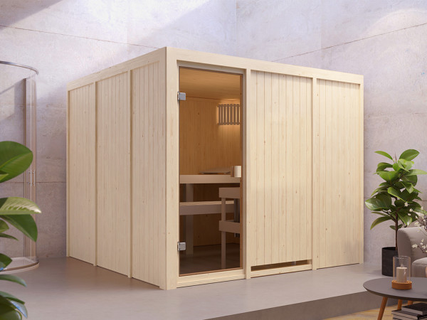 Karibu Sauna à éléments 68 mm Celine 8 SPARSET avec poêle de sauna 8 kW et commande intégrée.