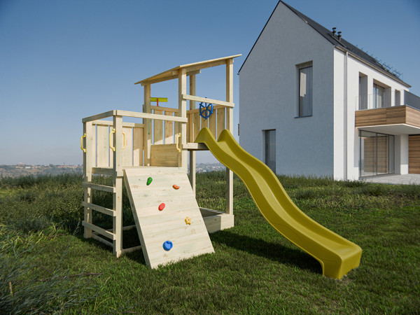 Aire de jeu Big Pirate en bois autoclave avec toboggan jaune