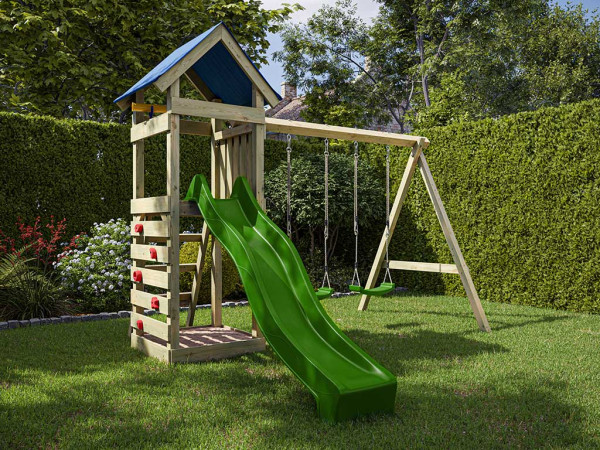 Aire de jeu Easy en bois autoclave avec portique double, toboggan vert et sièges verts