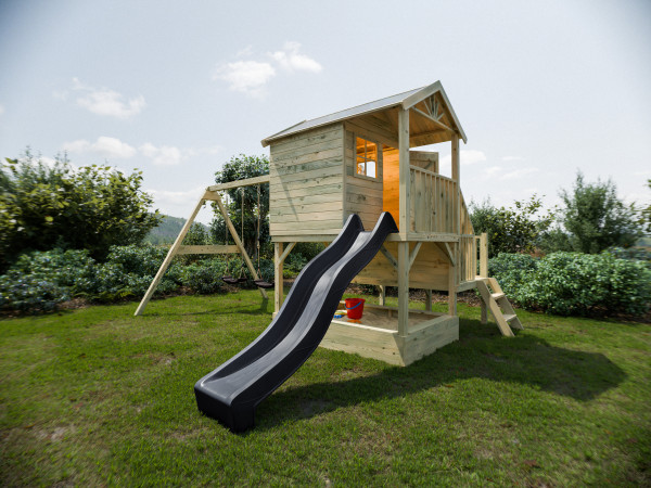 Maisonnette sur pilotis Amsterdam KDI avec balançoire double et toboggan, gris