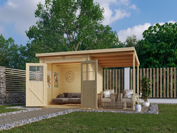 Abri de jardin Glücksberg 5 19 mm naturel avec auvent de 1,9 m