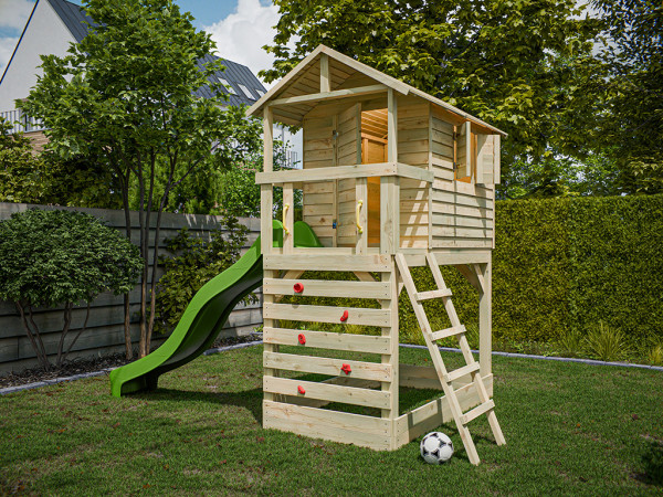 Cabane sur pilotis en bois autoclave avec toboggan vert Luis