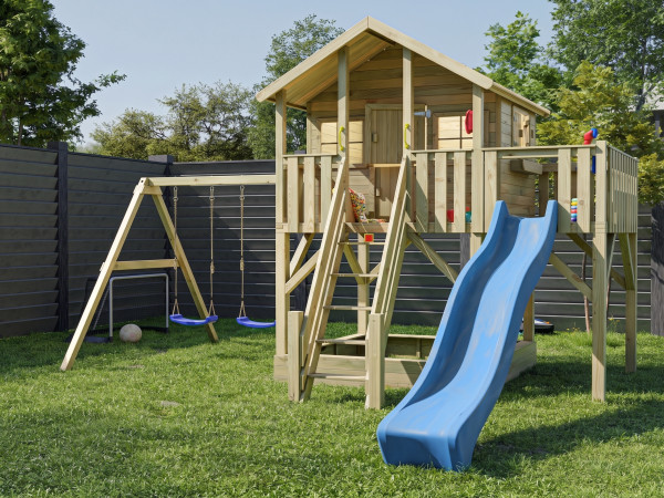 Cabane sur pilotis en bois autoclave Big House XL avec portique double et toboggan bleu