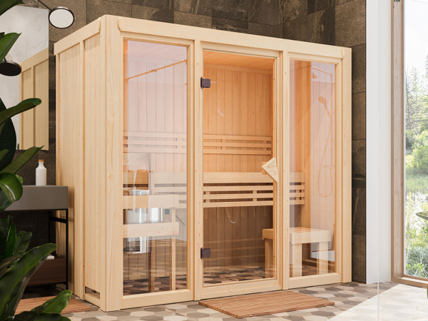 Sauna à éléments 68 mm Paradiso 2 SPARSET avec poêle P&P 3,6 kW et commande intégrée.