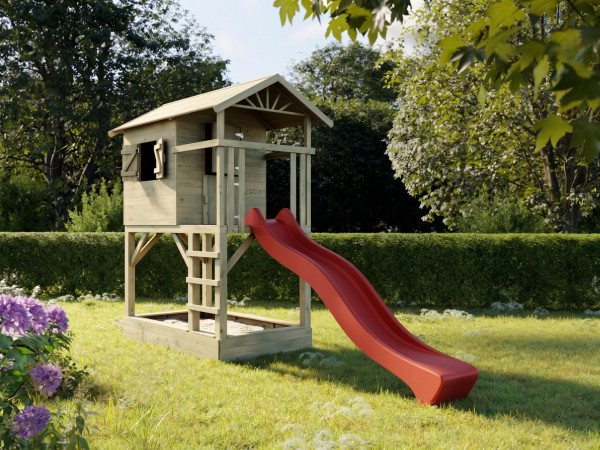 L'image montre une maison sur pilotis avec toboggan - disponible en option.