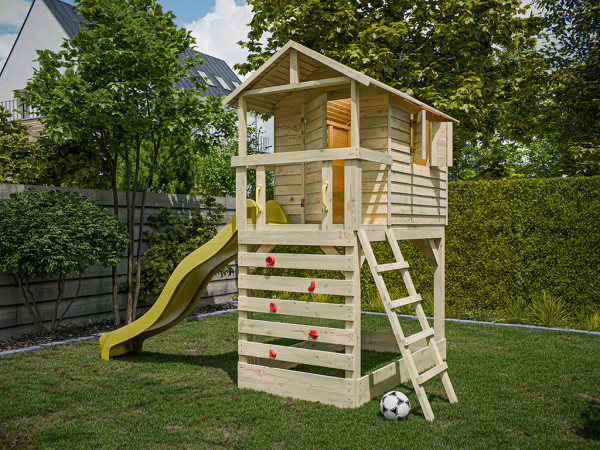 Cabane sur pilotis en bois autoclave avec toboggan jaune Luis