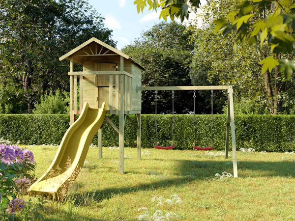 Cabane enfants sur pilotis Tree Hut KDI avec double balançoire et toboggan jaune