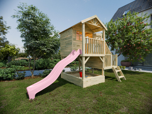 Maison sur pilotis Amsterdam KDI avec toboggan, rose pastel