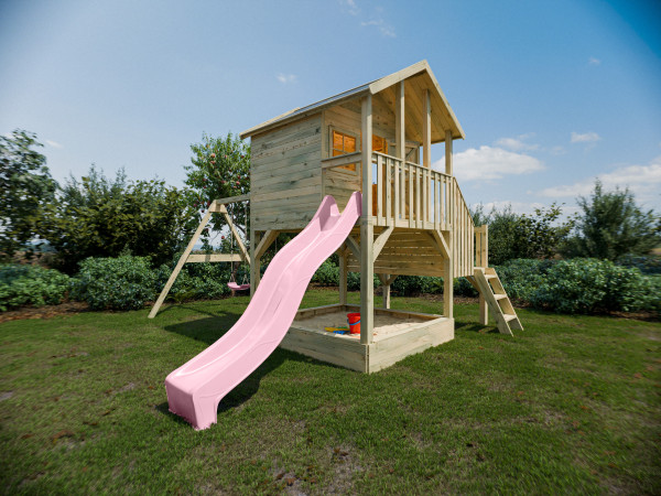 Maisonnette sur pilotis Big House L avec bac à sable (KDI), balançoire double et toboggan, rose past