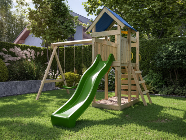 Aire de jeu Speedy en bois autoclave avec portique, 2 balançoires, toboggan vert + sièges verts