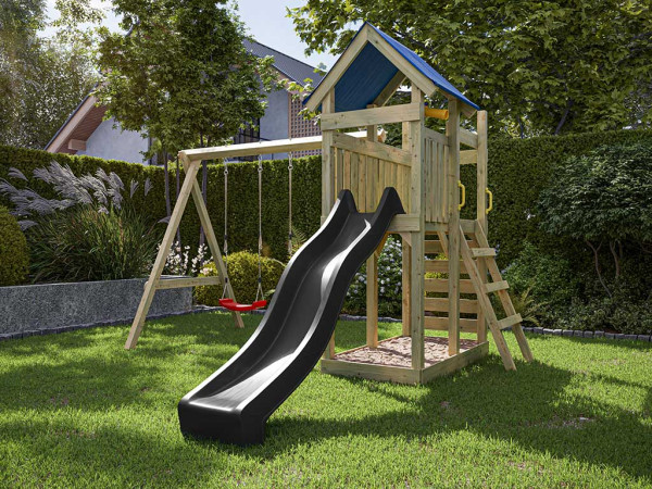 Aire de jeu Speedy en bois autoclave avec portique, 2 balançoires, toboggan gris + sièges rouges