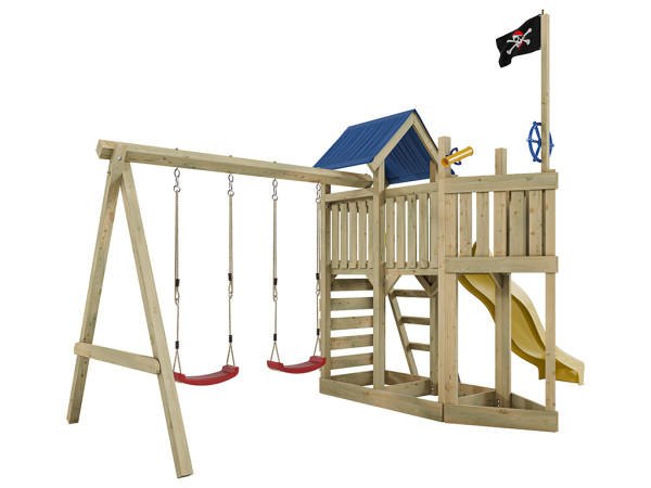 Aire de jeu Captain Snappy en bois autoclave avec portique et 2 balançoires, toboggan jaune + sièges