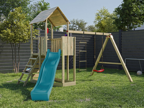 Aire de jeu Big Monkey en bois autoclave avec toboggan turquoise