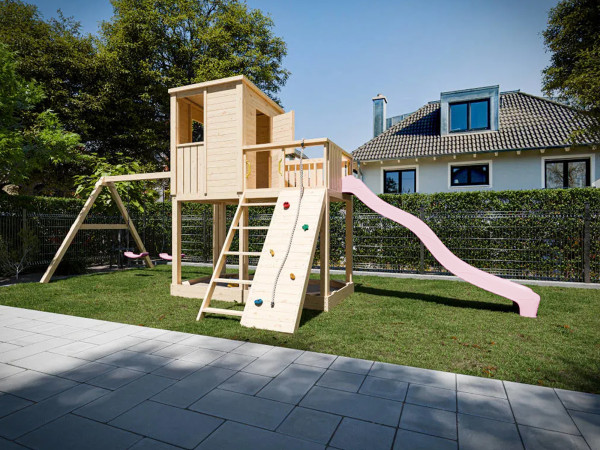 Cabane sur pilotis Carl en bois brut avec portique double et toboggan rose-pastel.