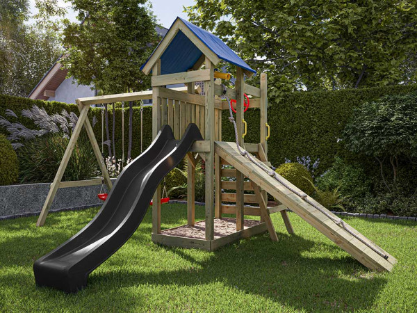 Aire de jeu Hefty en bois autoclave avec portique, 2 balançoires, toboggan gris + sièges rouges