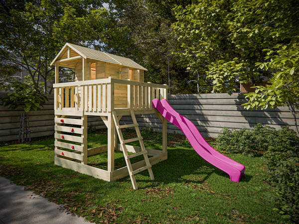 Cabane sur pilotis en bois autoclave Noah avec toboggan rose