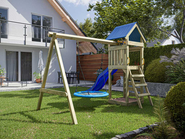 Aire de jeux Easy en bois autoclave avec portique double, toboggan bleu et balançoire nid