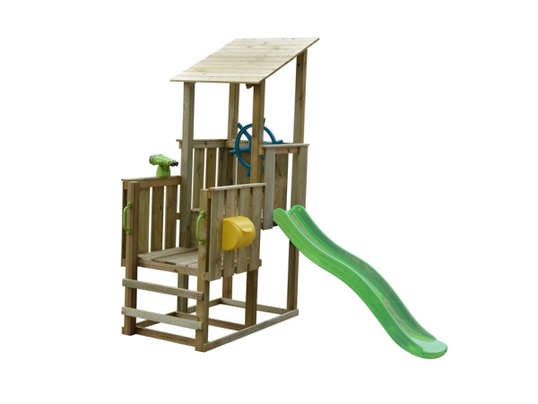 Aire de jeux Pirate en bois autoclave avec 1 toboggan vert + accessoires
