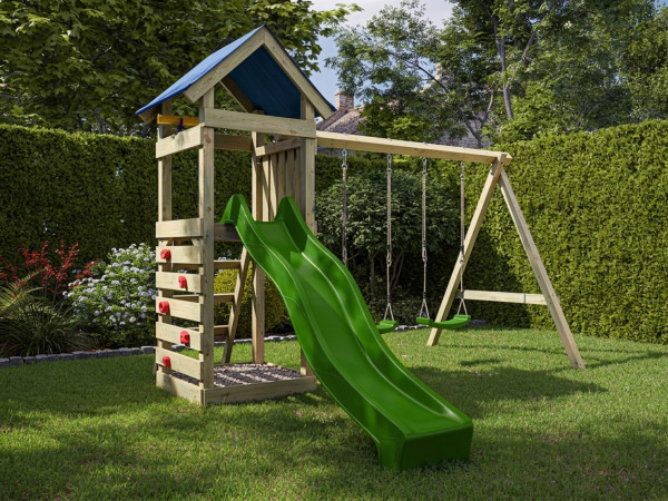 Aire de jeu Easy en bois autoclave avec portique double, toboggan vert et sièges verts