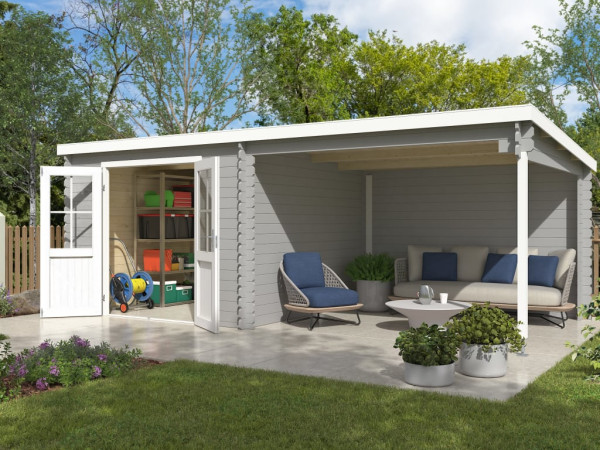 Abri de jardin en bois massif Orlando excusif 28 mm gris clair avec auvent de 3m