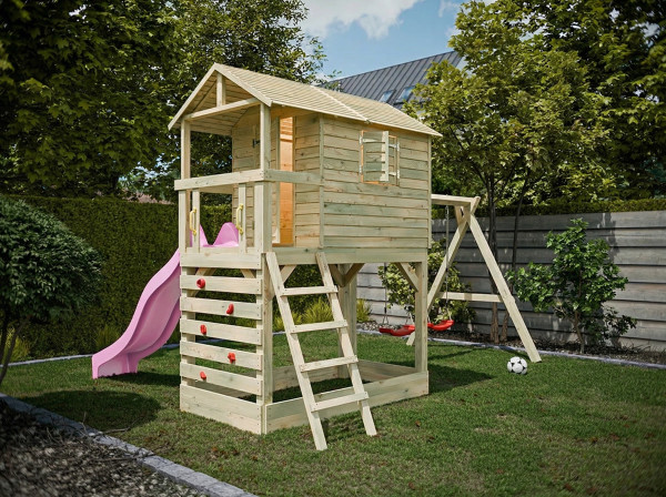 Cabane sur pilotis en bois autoclave Luis avec portique double et toboggan rose