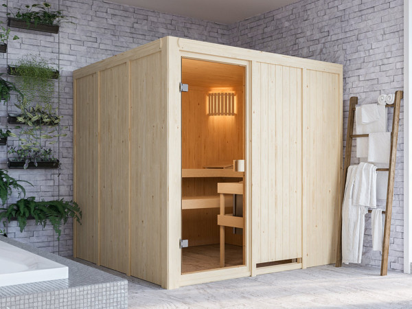 Karibu Sauna à éléments 68 mm Celine 3 SPARSET avec poêle Glow 6,8 kW et commande externe.