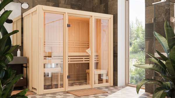 Karibu Sauna à éléments 68 mm Paradiso 2 SPARSET avec poêle P&P 3,6 kW et commande intégrée.